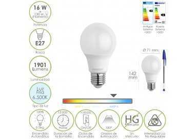Bombilla Led Estandar Rosca E27. 16 Watt. Equivale A 130 Watt. 1901 Lumenes. Luz Fría 6500º K.)