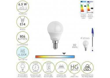 Bombilla Led Esfera Rosca E14. 6.5 Watt. Equivale A 55 Watt. 806 Lumenes. Luz Fría 6500º K.