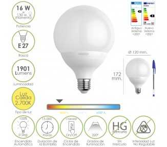 Bombilla Led Globo Rosca E27. 16 Watt. Equivale A 130 Watt. 1901 Lumenes. Luz Cálida (2700º K.)