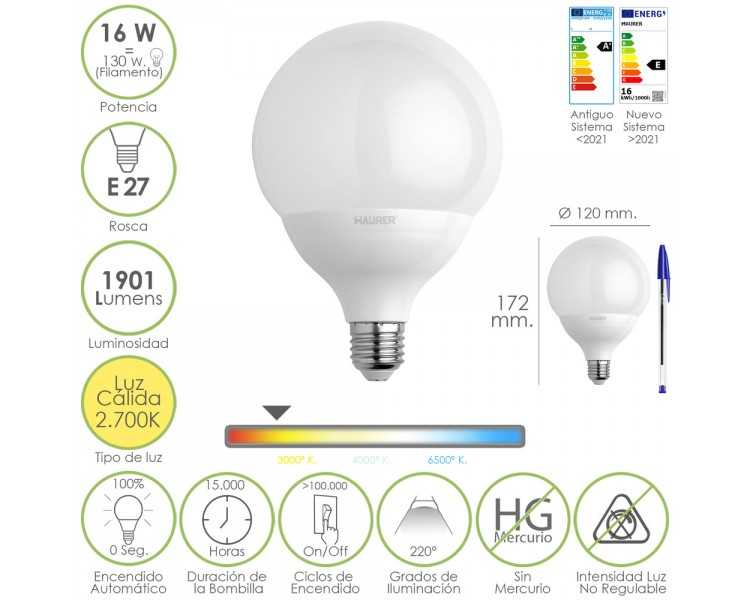 Bombilla Led Globo Rosca E27. 16 Watt. Equivale A 130 Watt. 1901 Lumenes. Luz Cálida (2700º K.)