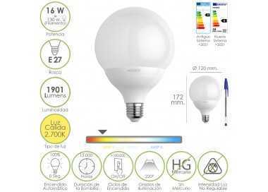 Bombilla Led Globo Rosca E27. 16 Watt. Equivale A 130 Watt. 1901 Lumenes. Luz Cálida (2700º K.)