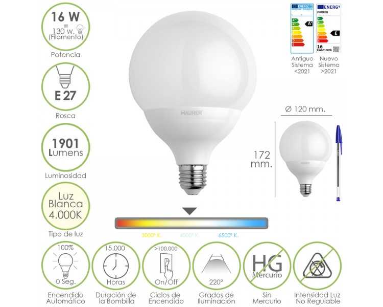 Bombilla Led Globo Rosca E27. 16 Watt. Equivale A 130 Watt. 1901 Lumenes. Luz Blanca (4000º K.)