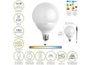 Bombilla Led Globo Rosca E27. 16 Watt. Equivale A 130 Watt. 1901 Lumenes. Luz Blanca (4000º K.)