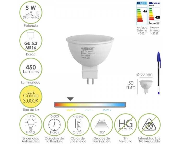 Bombilla Led Dicroica Rosca GU 5.3 / MR16. 5 Watt. Equivale A 40 Watt. 405 Lumenes. Luz Cálida (3000º K.)