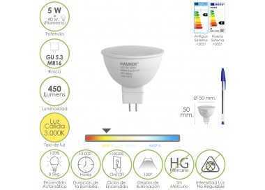 Bombilla Led Dicroica Rosca GU 5.3 / MR16. 5 Watt. Equivale A 40 Watt. 405 Lumenes. Luz Cálida (3000º K.)