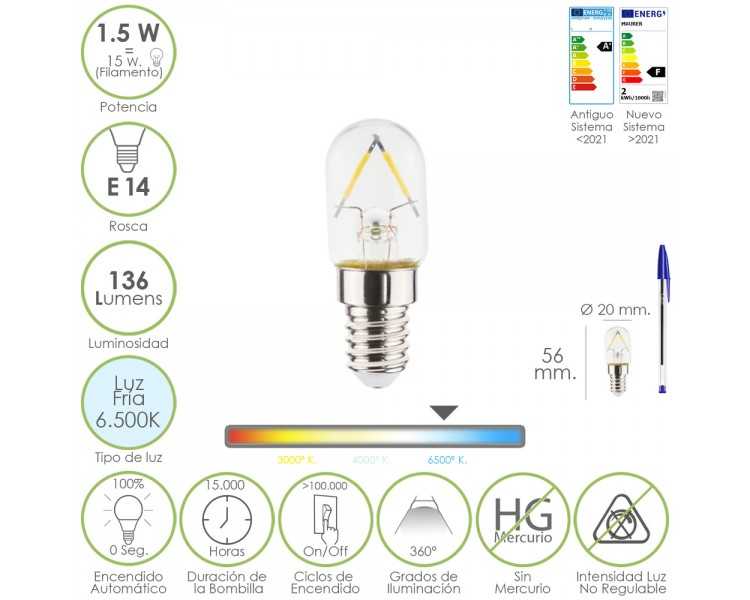 Bombilla Led Frigorifico Rosca E14. 1.5 Watt. Equivale A 15 Watt. 136 Lumenes. Luz Fria (6500º K.)