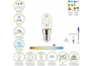 Bombilla Led Frigorifico Rosca E14. 1.5 Watt. Equivale A 15 Watt. 136 Lumenes. Luz Fria (6500º K.)