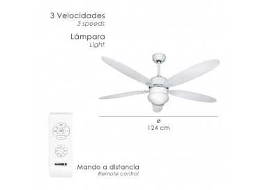 Ventilador Techo Ø 124 cm. 70 Watt. Con Luz y Mando A Distancia 5 Aspas y 3 Velocidades. Con temporizador