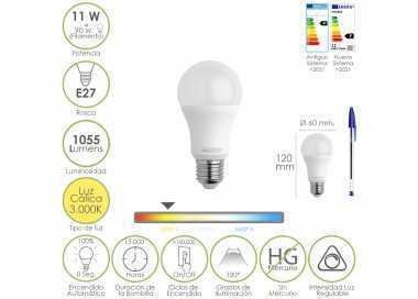 Bombilla Led Estandar Rosca E27. 11 Watt. Equivale A 90 Watt. 1055 Lumenes. Luz Calida (3000º K.) Dimerable