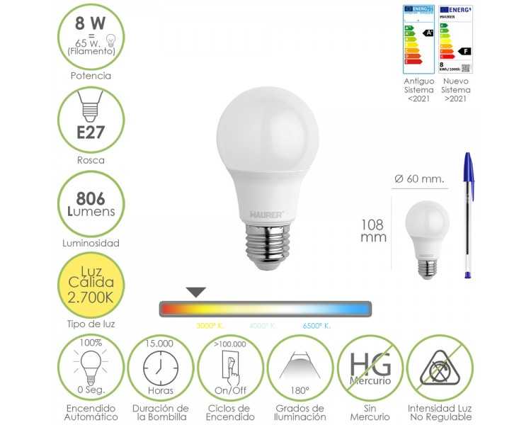 Bombilla Led Estandar Rosca E27. 8 Watt. Equivale A 65 Watt. 806 Lumenes. Luz Calida (2700º K.)