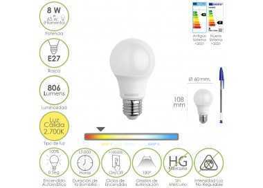 Bombilla Led Estandar Rosca E27. 8 Watt. Equivale A 65 Watt. 806 Lumenes. Luz Calida (2700º K.)