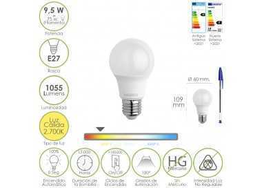 Bombilla Led Estandar Rosca E27. 9.5 Watt. Equivale A 75 Watt. 1055 Lumenes. Luz Cálida (2700º K)