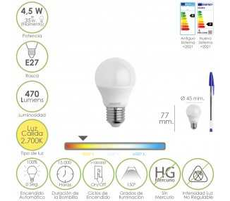 Bombilla Led Esferica Rosca E27 4.5 Watt. Equivale A 55 Watt. 470 Lumenes. Luz Cálida (2700º K.)