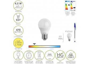 Bombilla Led Esferica Rosca E27 4.5 Watt. Equivale A 55 Watt. 470 Lumenes. Luz Cálida (2700º K.)