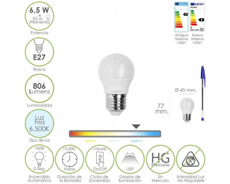Bombilla Led Esfera Rosca E27. 6.5 Watt. Equivale A 55 Watt. 806 Lumenes. Luz Fría 6500º K.