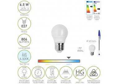 Bombilla Led Esfera Rosca E27. 6.5 Watt. Equivale A 55 Watt. 806 Lumenes. Luz Fría 6500º K.