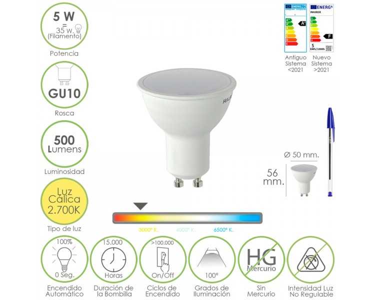 Bombilla Led Dicroica Rosca GU10. 5 Watt. Equivale A 30 Watt. 500 Lumenes. Luz Cálida (2700º K)