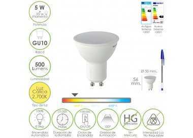 Bombilla Led Dicroica Rosca GU10. 5 Watt. Equivale A 30 Watt. 500 Lumenes. Luz Cálida (2700º K)