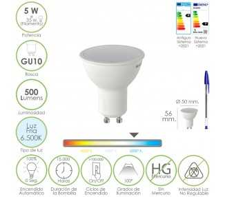 Bombilla Led Dicroica Rosca GU10. 5 Watt. Equivale A 30 Watt. 500 Lumenes. Luz Fria (6500º K.)