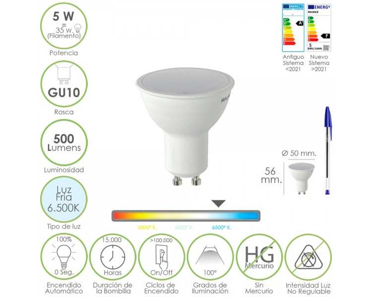 Bombilla Led Dicroica Rosca GU10. 5 Watt. Equivale A 30 Watt. 500 Lumenes. Luz Fria (6500º K.)