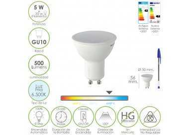 Bombilla Led Dicroica Rosca GU10. 5 Watt. Equivale A 30 Watt. 500 Lumenes. Luz Fria (6500º K.)