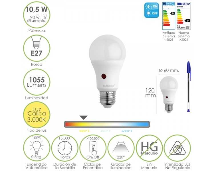 Bombilla Led Esfera Con Sensor Crepuscular. Rosca E27. 10.5 Watt. Equivale A 90 Watt. 1055 Lumenes. Luz Calida 3000º K.