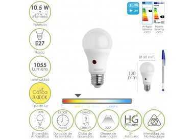 Bombilla Led Esfera Con Sensor Crepuscular. Rosca E27. 10.5 Watt. Equivale A 90 Watt. 1055 Lumenes. Luz Calida 3000º K.
