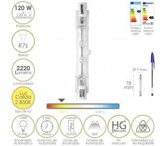 Bombilla Halogena Para Focos Rosca R7S. 120 Watt. 2220 Lumenes. Luz Cálida (2850º K)