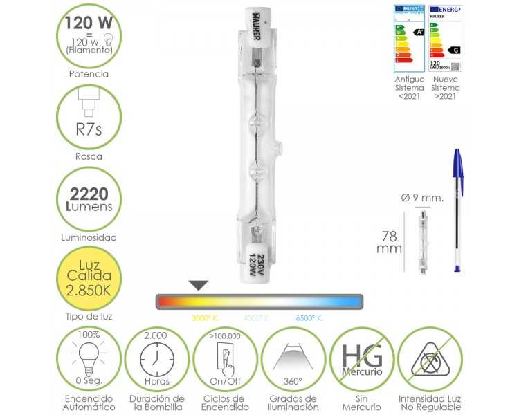 Bombilla Halogena Para Focos Rosca R7S. 120 Watt. 2220 Lumenes. Luz Cálida (2850º K)