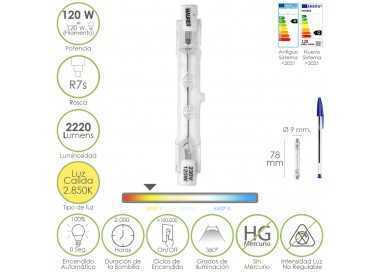 Bombilla Halogena Para Focos Rosca R7S. 120 Watt. 2220 Lumenes. Luz Cálida (2850º K)