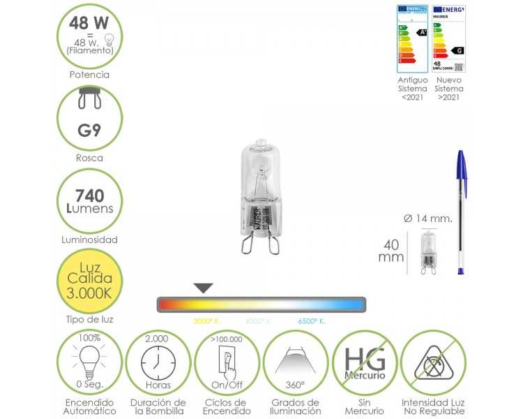 Bombilla Halogena G-9. 48 W. 460 lumenes. Luz cálida (3.000º K)