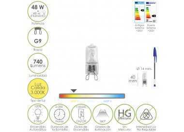 Bombilla Halogena G-9. 48 W. 460 lumenes. Luz cálida (3.000º K)