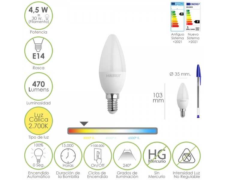 Bombilla Led Vela Rosca E14. 4,5 Watt. Equivale A 35 Watt. 470 Lumenes. Luz Cálida (2700º K)