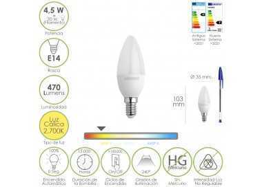 Bombilla Led Vela Rosca E14. 4,5 Watt. Equivale A 35 Watt. 470 Lumenes. Luz Cálida (2700º K)