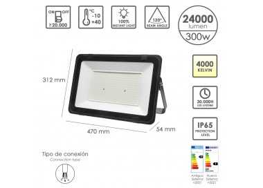 Foco Led Plano Potencia 300 Watt. 24000 Lumenes. Luz blanca 4000ºK Protección IP65. Cuerpo Aluminio. Foco Exteriores/Interiores