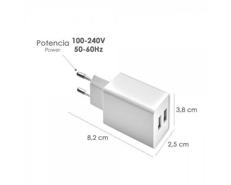 Cargador USB Dos Tomas 2.1 Amperios. 5 V. Adaptador Enchufe USB Cargador USB de Pared, Android, Iphone, Smartphones, Tablets.