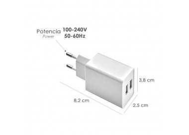 Cargador USB Dos Tomas 2.1 Amperios. 5 V. Adaptador Enchufe USB Cargador USB de Pared, Android, Iphone, Smartphones, Tablets.