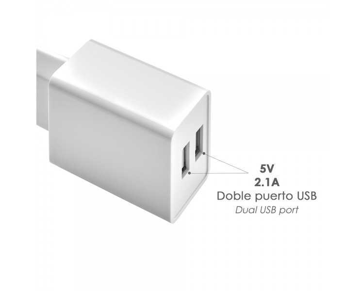 Cargador USB Dos Tomas 2.1 Amperios. 5 V. Adaptador Enchufe USB Cargador USB de Pared, Android, Iphone, Smartphones, Tablets.