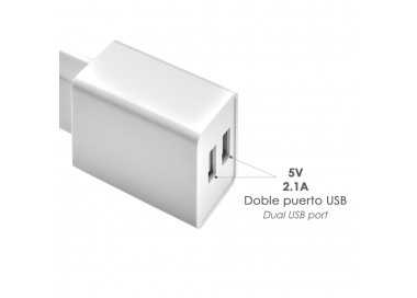 Cargador USB Dos Tomas 2.1 Amperios. 5 V. Adaptador Enchufe USB Cargador USB de Pared, Android, Iphone, Smartphones, Tablets.