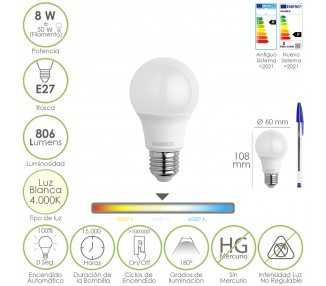 Bombilla Led Estandar Rosca E27. 8 Watt. Equivale A 65 Watt. 806 Lumenes. Luz Neutra (4000º K.)