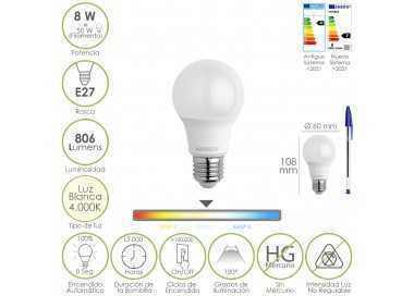 Bombilla Led Estandar Rosca E27. 8 Watt. Equivale A 65 Watt. 806 Lumenes. Luz Neutra (4000º K.)