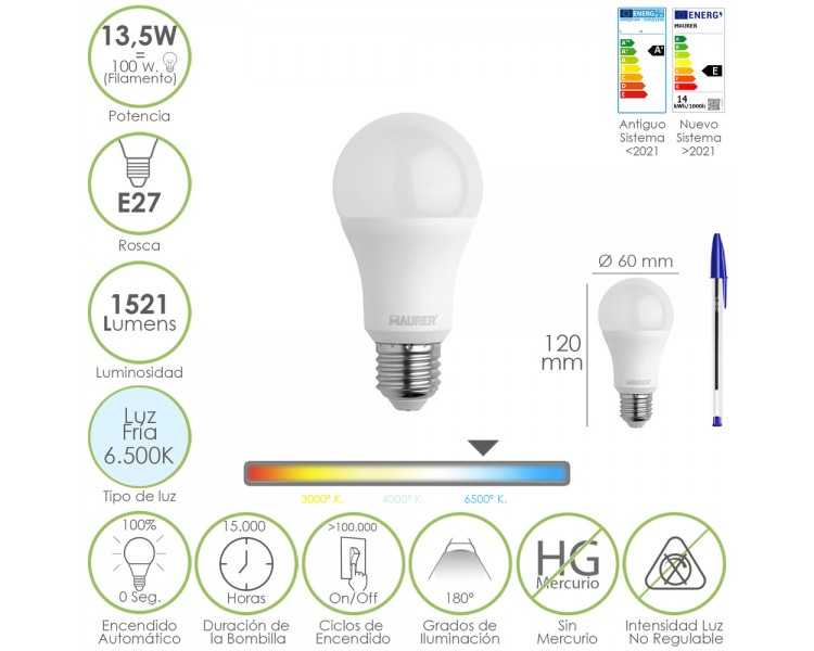 Bombilla Led Estandar Rosca E27. 13,5 Watt. Equivale A 100 Watt. 1521 Lumenes. Luz Fría (6500º K.)