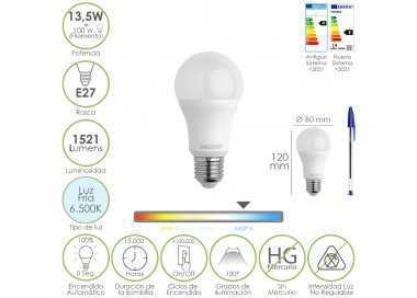 Bombilla Led Estandar Rosca E27. 13,5 Watt. Equivale A 100 Watt. 1521 Lumenes. Luz Fría (6500º K.)