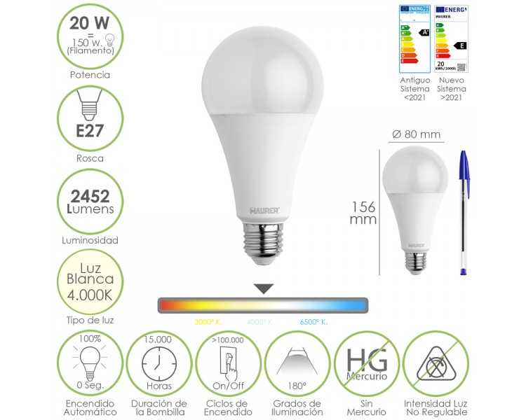 Bombilla Led Estandar Rosca E27. 20  Watt. Equivale A 150 Watt. 2452 Lumenes. Luz Neutra (4000º K.)