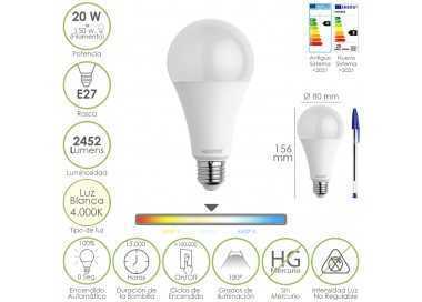 Bombilla Led Estandar Rosca E27. 20 Watt. Equivale A 150 Watt. 2452 Lumenes. Luz Neutra (4000º K.)