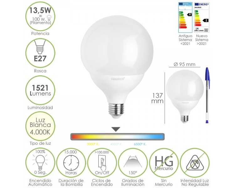 Bombilla Led Esfera Globo E27. 13,5 Watt. Equivale A 100 Watt. 1521 Lumenes. Luz Neutra 4000º K.