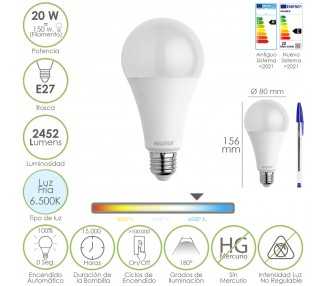 Bombilla Led Estandar Rosca E27. 20  Watt. Equivale A 150 Watt. 2452 Lumenes. Luz Fria (6500º K.)
