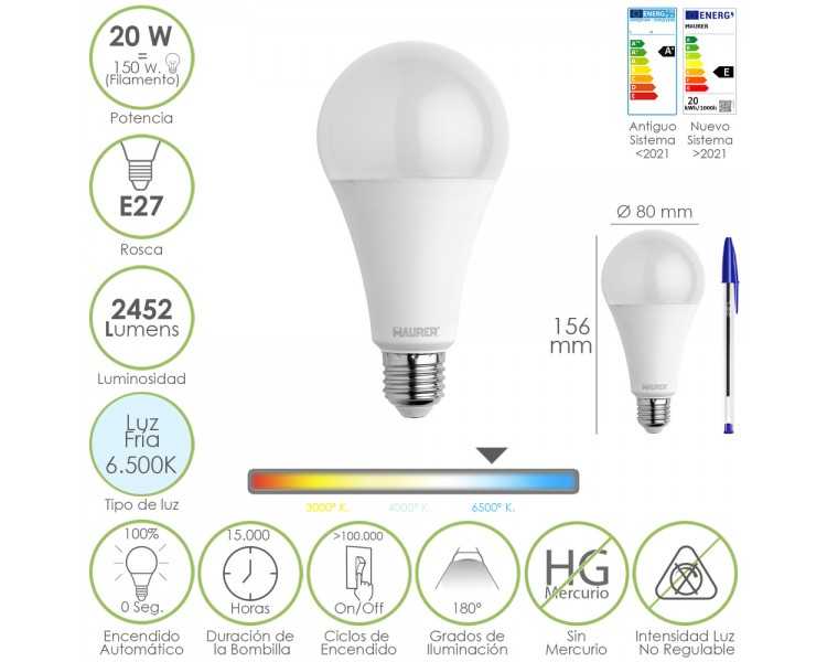 Bombilla Led Estandar Rosca E27. 20  Watt. Equivale A 150 Watt. 2452 Lumenes. Luz Fria (6500º K.)