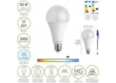 Bombilla Led Estandar Rosca E27. 20  Watt. Equivale A 150 Watt. 2452 Lumenes. Luz Fria (6500º K.)