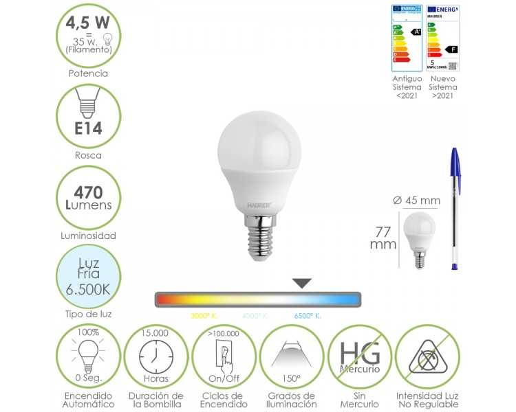 Bombilla Led Esferica Rosca E14 4.5 Watt. Equivale A 35 Watt. 470 Lumenes. Luz Fria (6500º K)